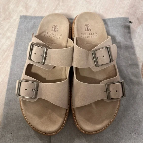 Brunello Cucinelli Taupe Double Buckle Sandals - Picture 1 of 6